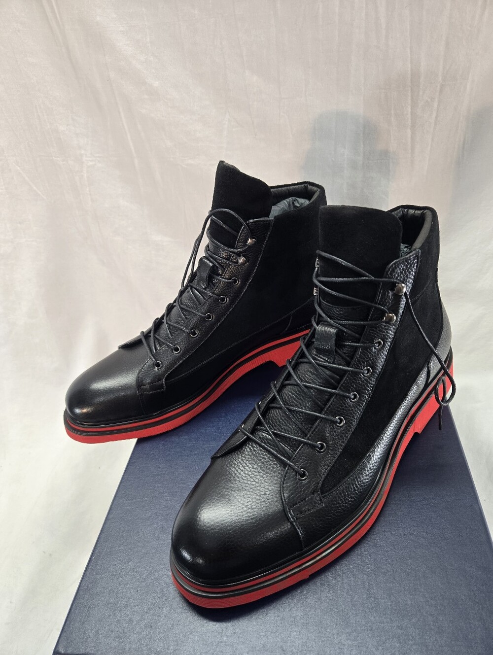 Marc Nolan Aiden Black Leather and Suede Combat Boots with Red Sole New